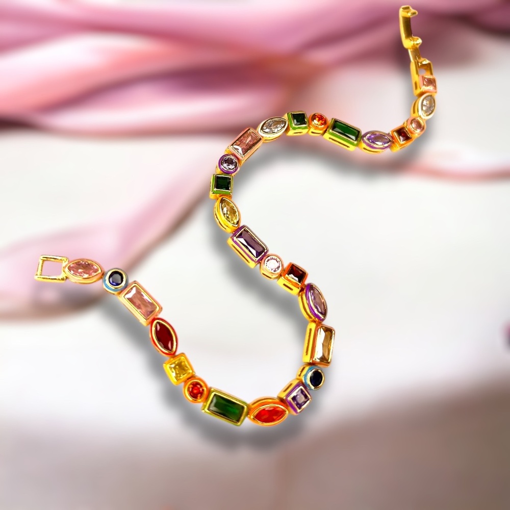 Hand Enameled Rainbow Amethyst, Ruby, Sapphire Bracelet in Gold - Picture 7 of 11